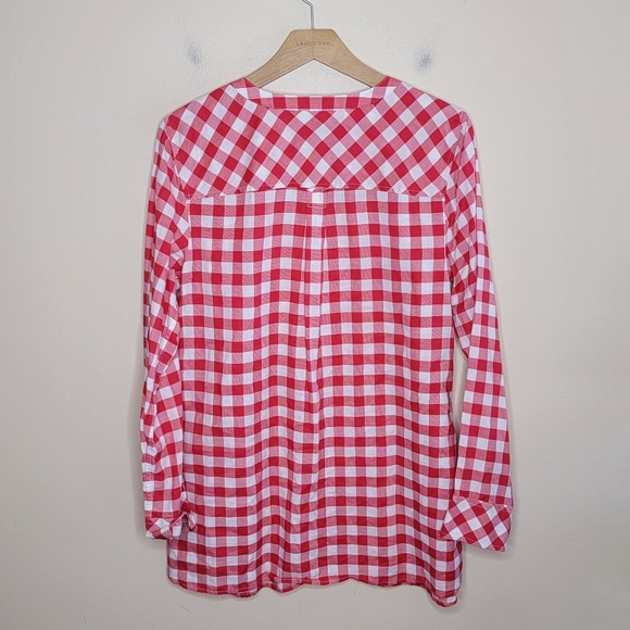 Talbots | Red White Checkered Plaid Popover Band-Collar Shirt Size Medium - Picture 5 of 6